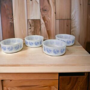 Federal Glass Milk Glass Dessert/Fruit/Custard Bowl with Blue Flowers Set of 4